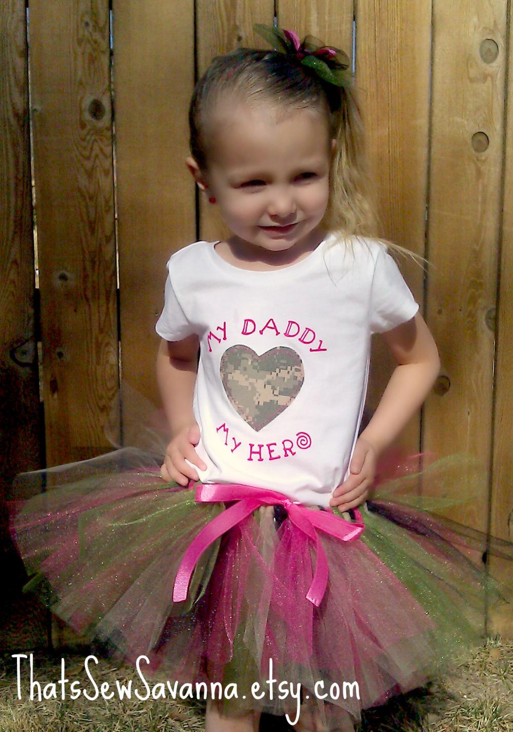 Camo Cutie Tutu, My Daddy My Hero Onesie And Bow Size 0-3, 6-9, 12 Or 18 Months (available In Acu, Abu, Navy And Multi Cam)